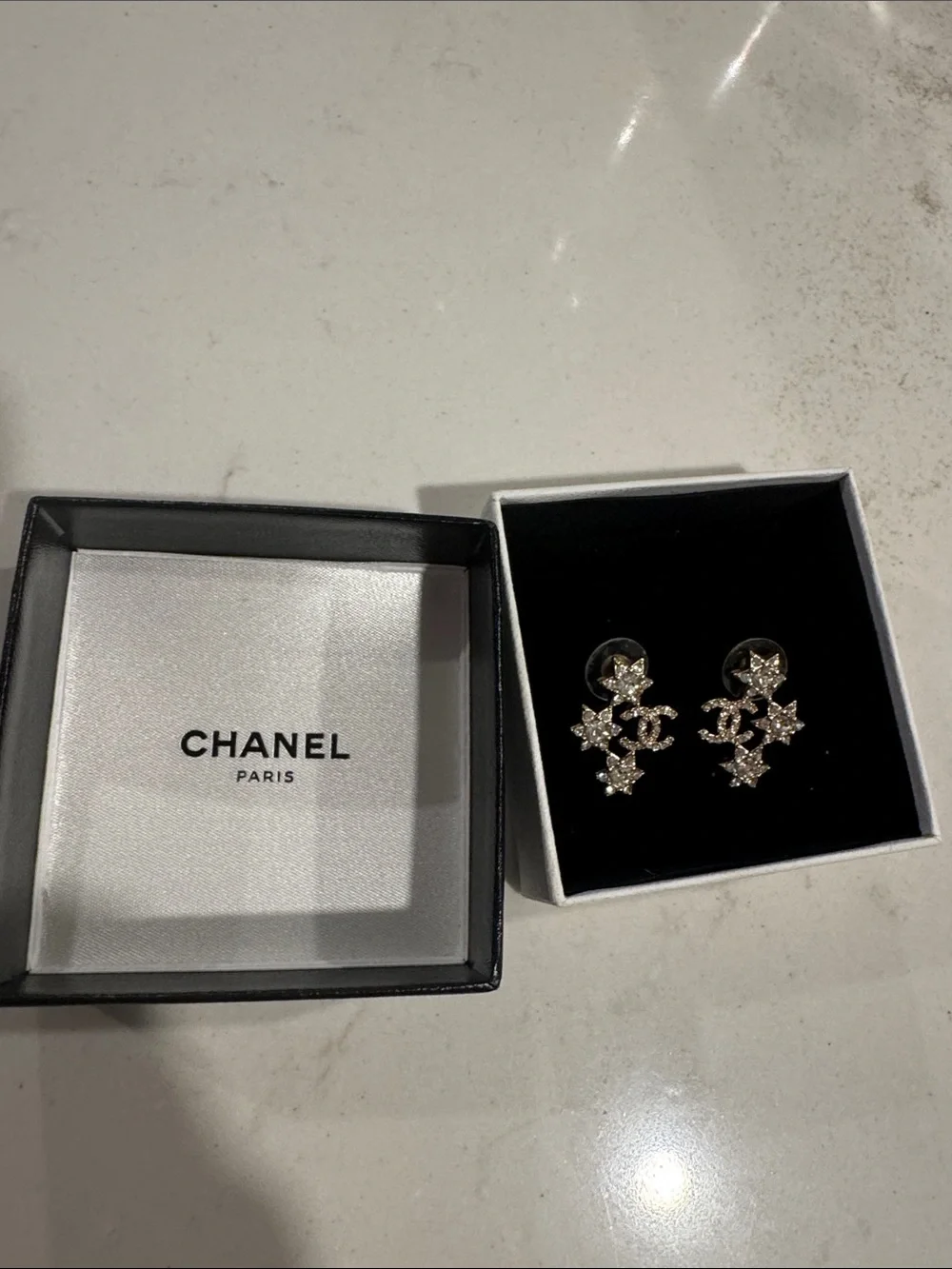 CHANEL Gold Crystal Star & CC Drop Earrings